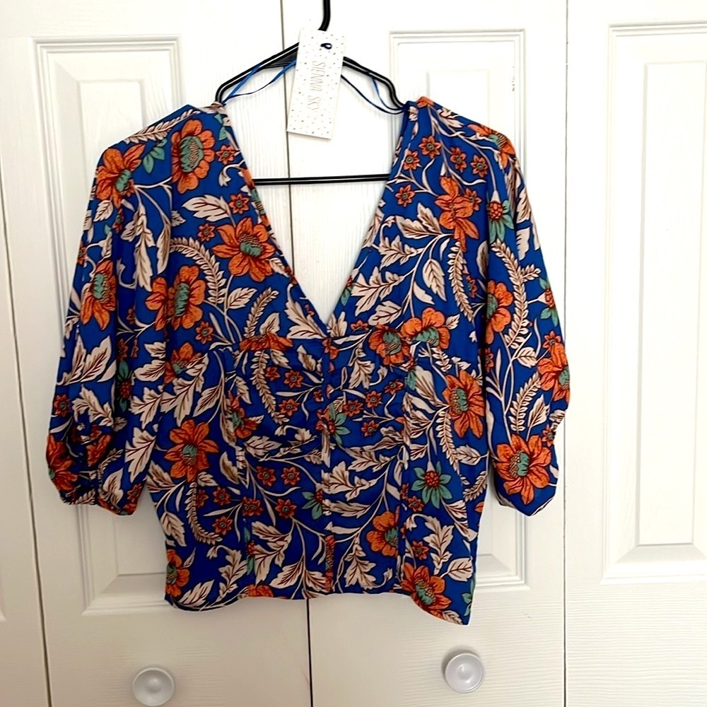 SIENNA SKY Puff Sleeves Boho Floral Printed Top Sz M to XL V neck Top NWOT